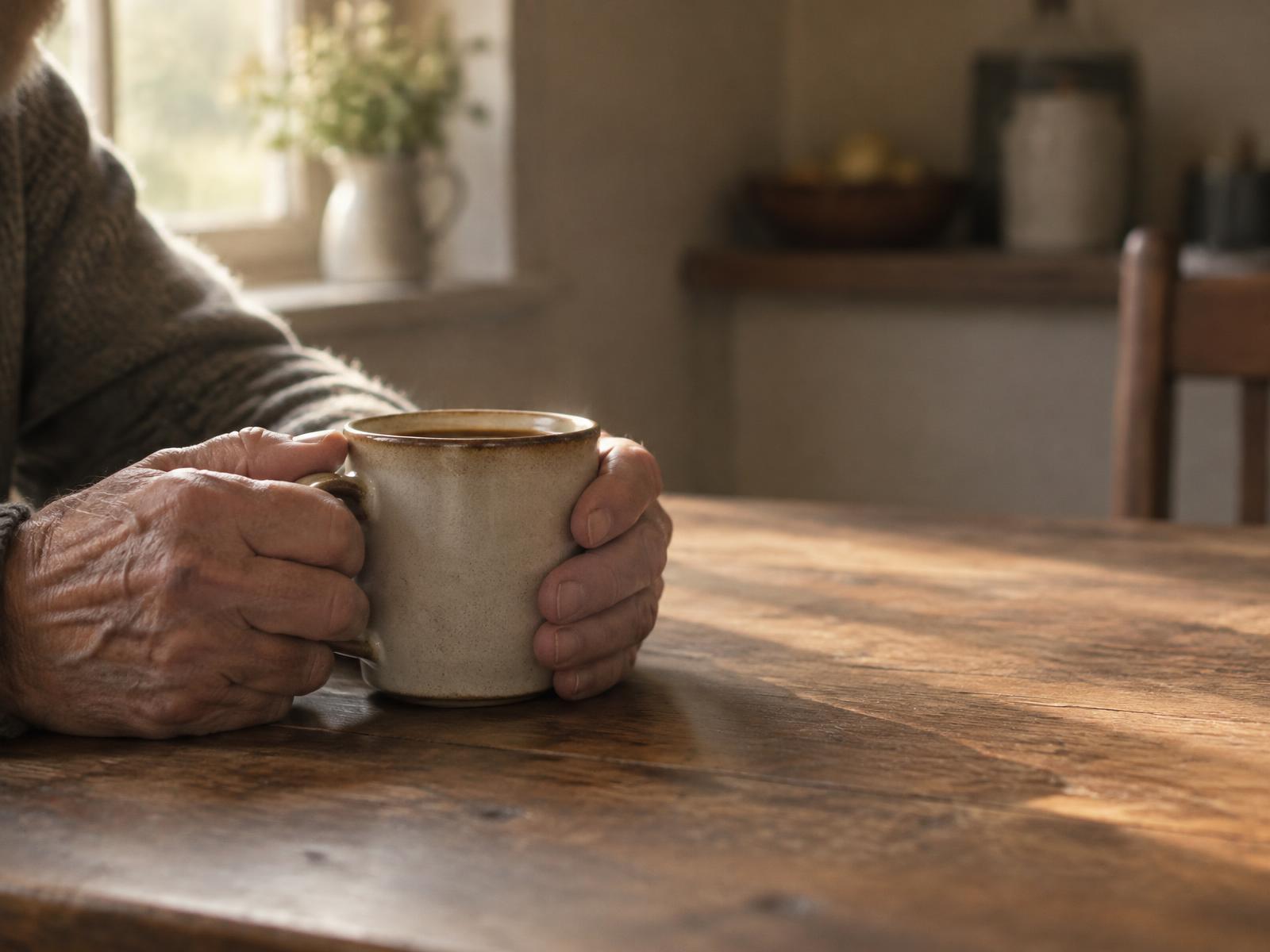 An older man's hands resting around a cup in warm window light